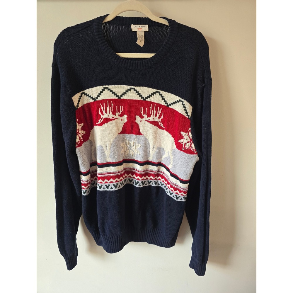 Dockers Mens XL Navy Blue Reindeer Snowflake Christmas Cotton Knit Sweater